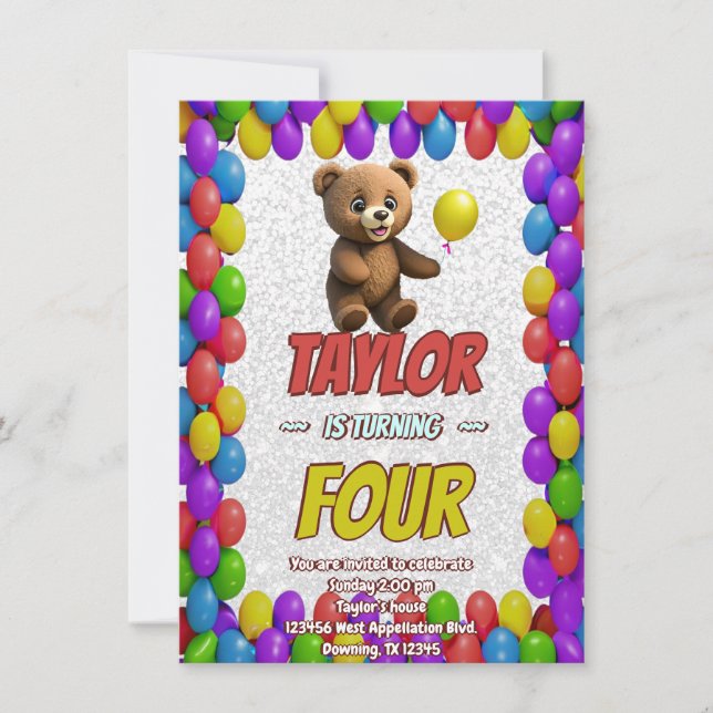 Cute Cuddly Teddy Bear Themed Birthday Invite (Front)