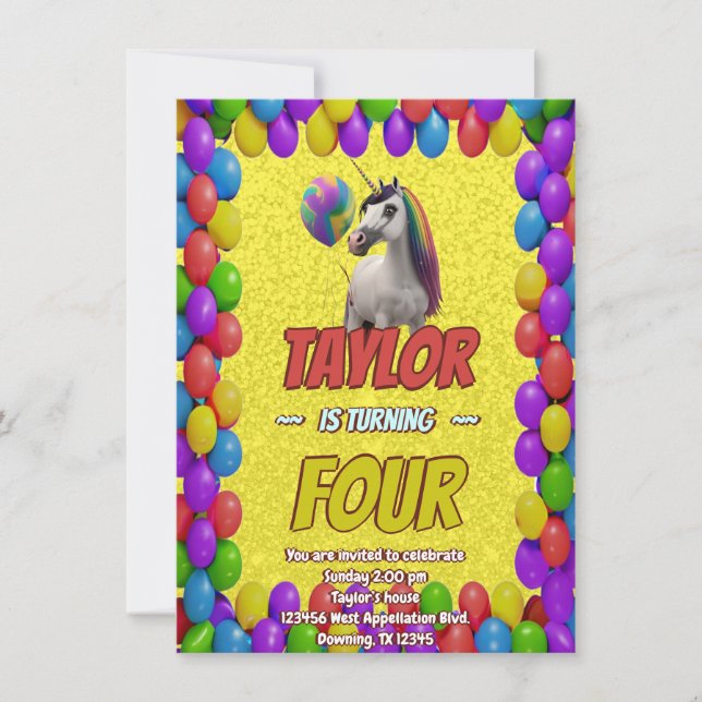 Cute Cuddly Unicorn Themed Birthday Invite (Front)