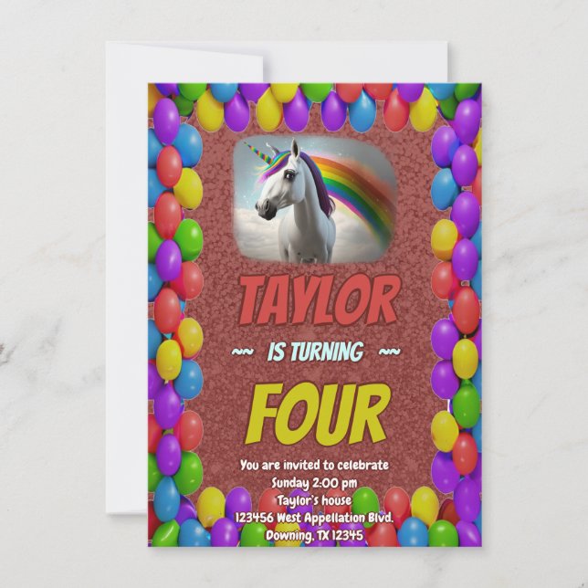 Cute Cuddly Unicorn Themed Birthday Invite (Front)