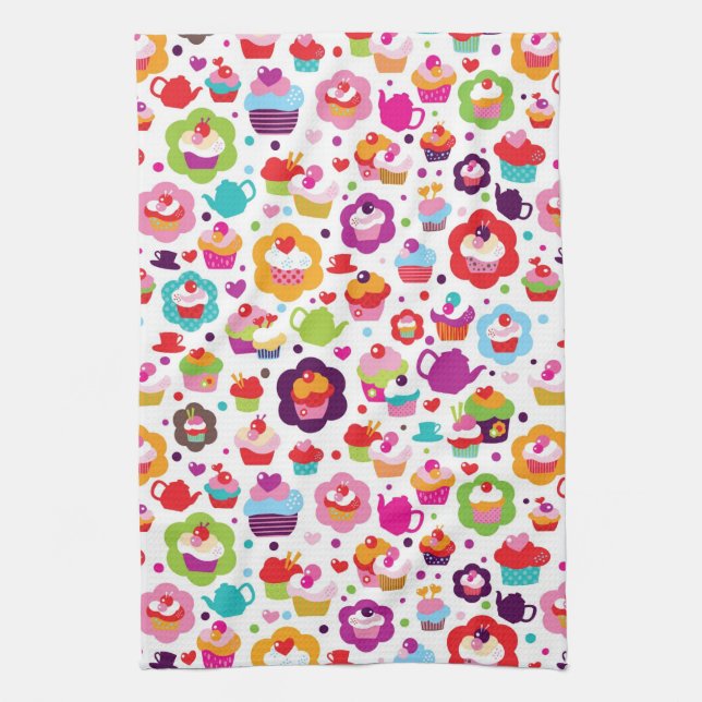 Cute cup cake and tea pot kitchen towel (Vertical)