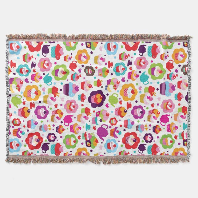Cute cup cake and tea pot throw blanket (Front)