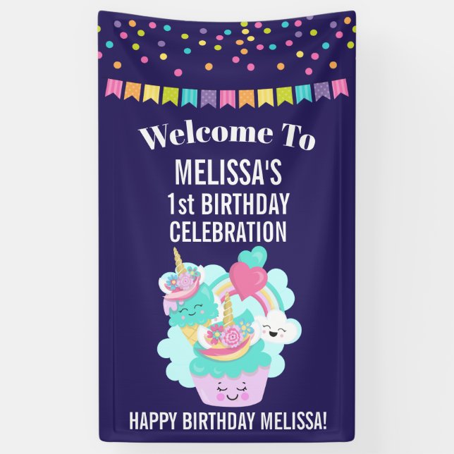 Cute Cupcake and Happy Ice Cream Birthday Banner (Vertical)