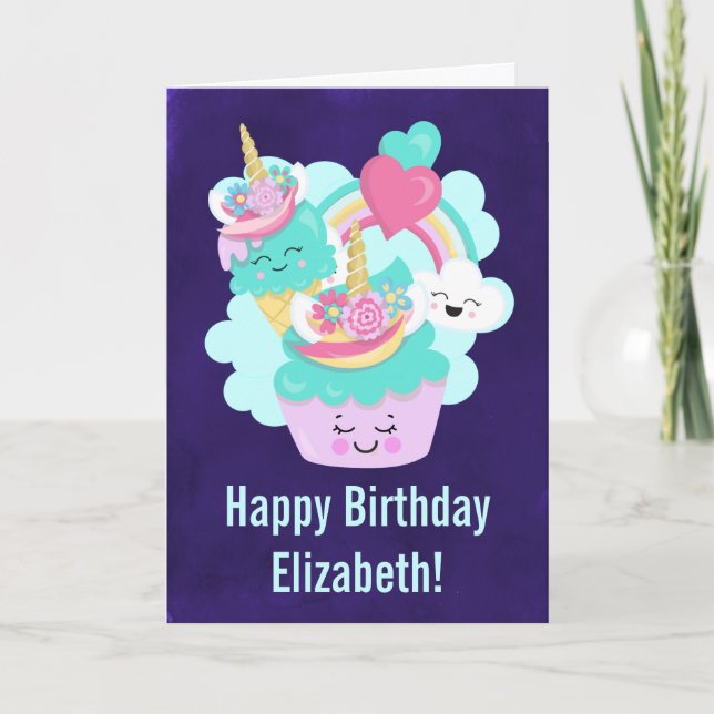 Cute Cupcake and Happy Ice Cream Birthday Card (Front)