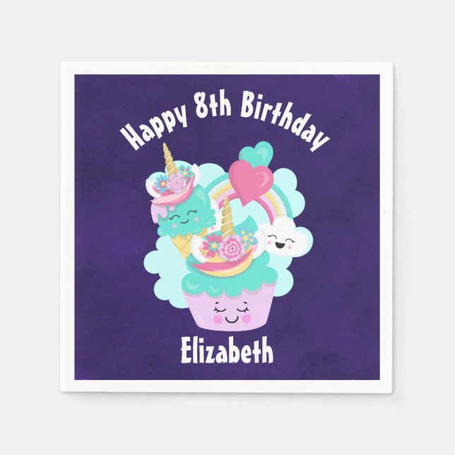 Cute Cupcake and Happy Ice Cream Birthday Napkin (Front)