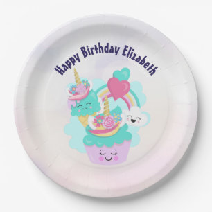 Cute Cupcake and Happy Ice Cream Birthday Paper Plate