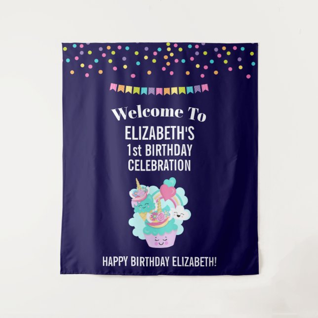 Cute Cupcake and Happy Ice Cream Birthday Tapestry (Front)
