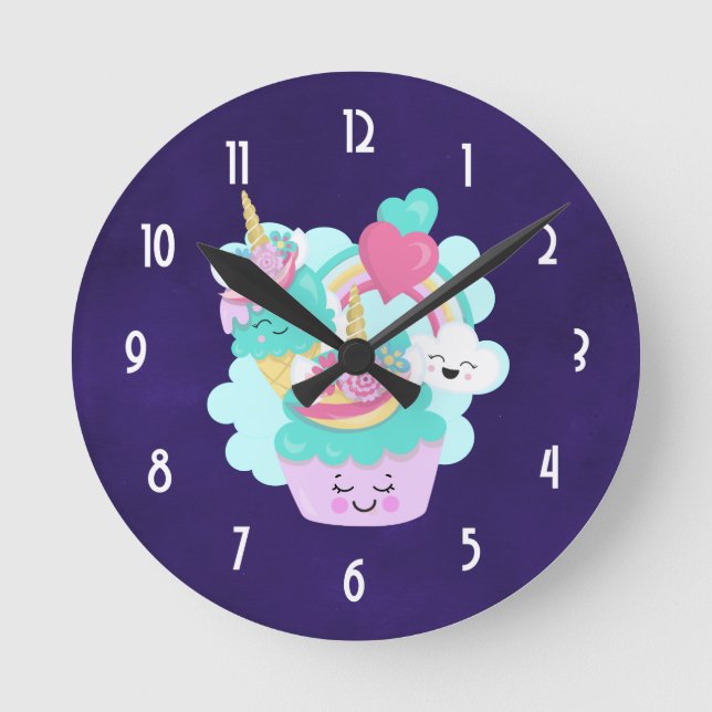 Cute Cupcake and Happy Ice Cream Round Clock (Front)