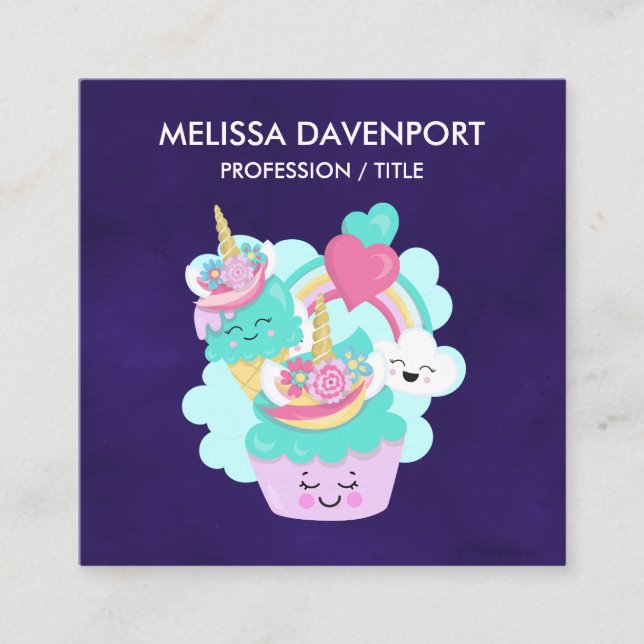 Cute Cupcake and Happy Ice Cream Square Business Card (Front)