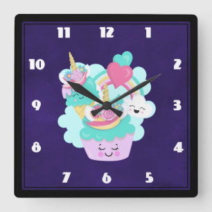 Cute Cupcake and Happy Ice Cream Square Wall Clock