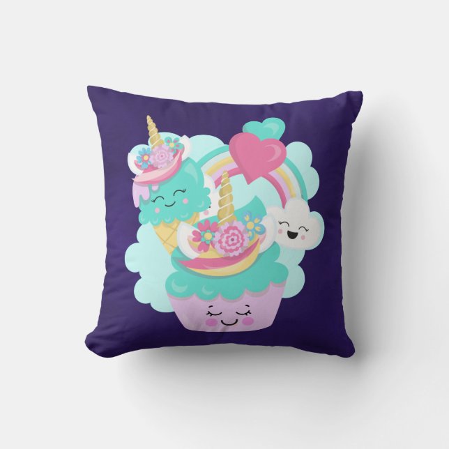 Cute Cupcake and Happy Ice Cream Throw Pillow (Front)