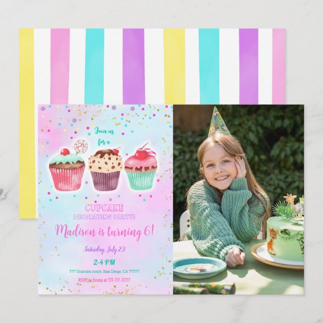 Cute Cupcake Anniversaire Photo Invitation (Devant / Derrière)