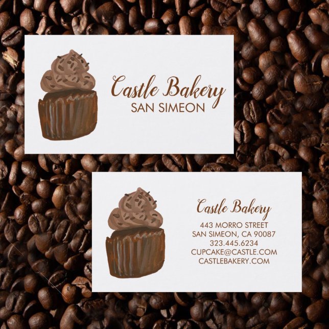 CUTE CUPCAKE Bakery Pastry Chef Modern Chocolate Business Card (Cute watercolor chocolate cupcake on this custom bakery business card
)
