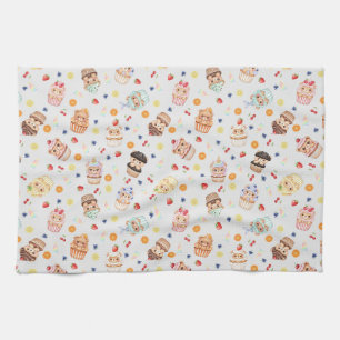 Cute Cupcake Bear and Treats Seamless Pattern Kitchen Towel