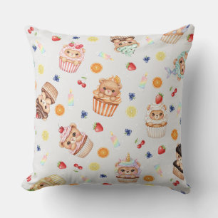 Cute Cupcake Bear and Treats Seamless Pattern Throw Pillow