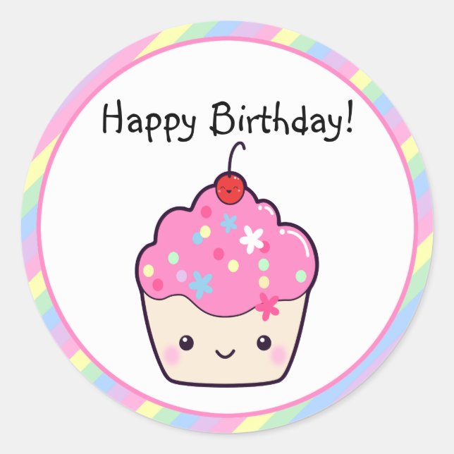 Cute Cupcake Birthday Classic Round Sticker (Front)