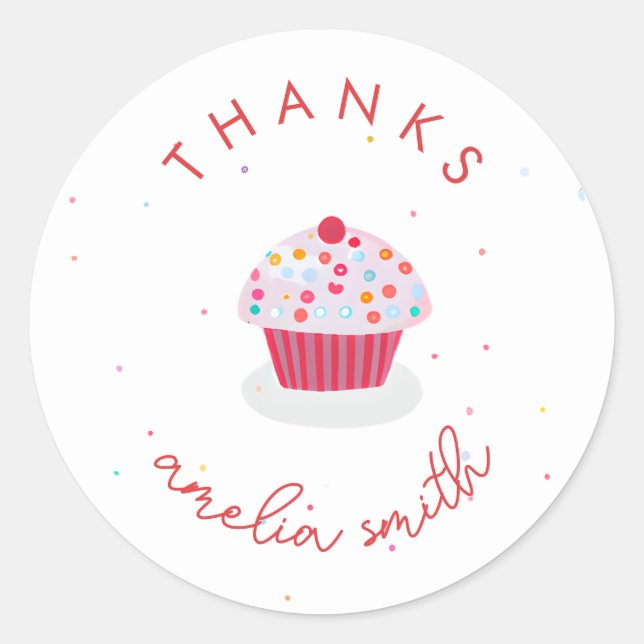 Cute Cupcake Birthday Thank You Peronalized Name Classic Round Sticker (Front)