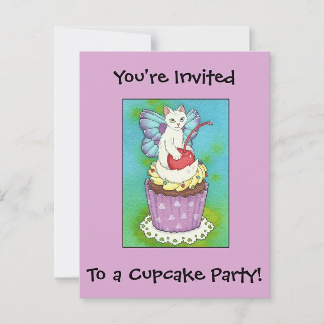 Cute Cupcake Kitty Cat Fairy Birthday Invitation (Front)