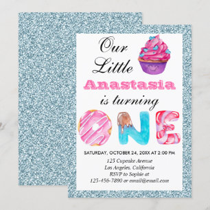 Cute Cupcake Light Blue Glitter 1st Birthday One Invitation