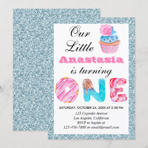 Cute Cupcake Light Blue Glitter 1st Birthday One Invitation