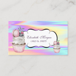 Cute Cupcake Macaron Bakery Colourful Holographic Business Card