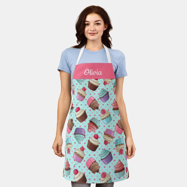 Cute Cupcake Pattern, Custom Text Apron (Worn)