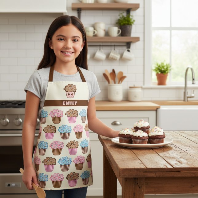 Cute Cupcake Personalized Kids Kitchen Apron (Cute kids apron with custom name and kawaii cupcake print. Great gift for a girl who loves to bake.)