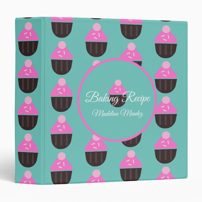 Cute Cupcake Pink Teal Bakery Baker Recipe  3 Ring Binder (Front/Spine)