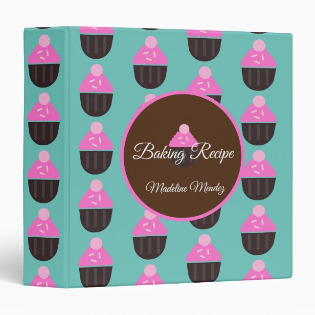 Cute Cupcake Pink Teal Bakery Baker Recipe  Binder (Front/Spine)