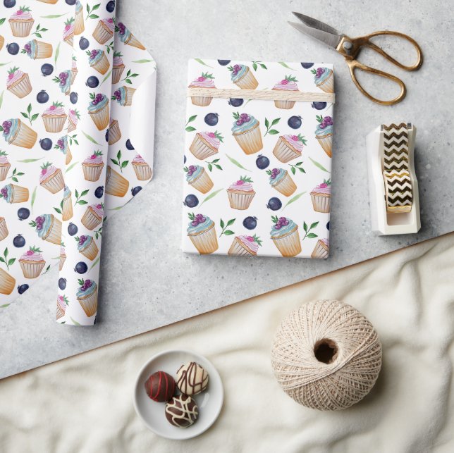Cute Cupcakes And Fruits Watercolor Pattern Wrapping Paper (Crafts)