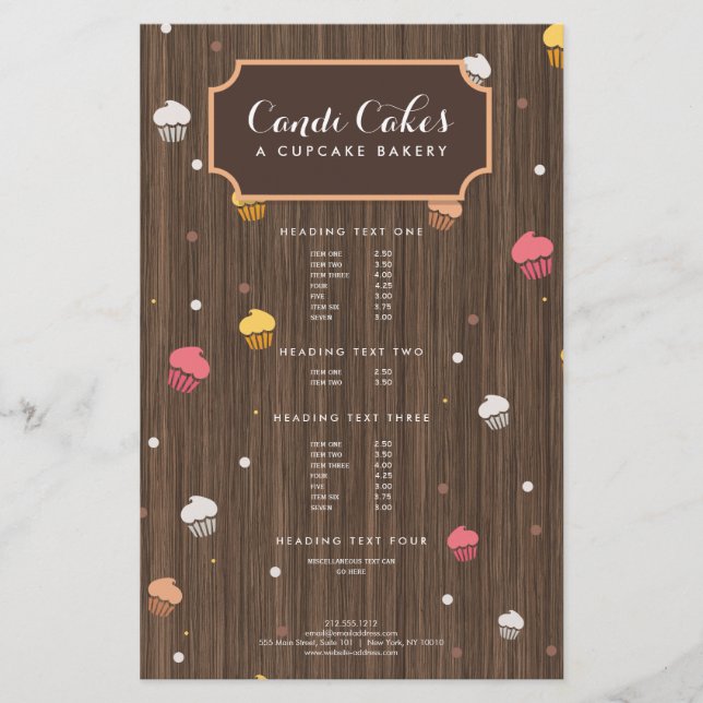 Cute Cupcakes Bakery Pattern Brown Wood Flyer (Front)