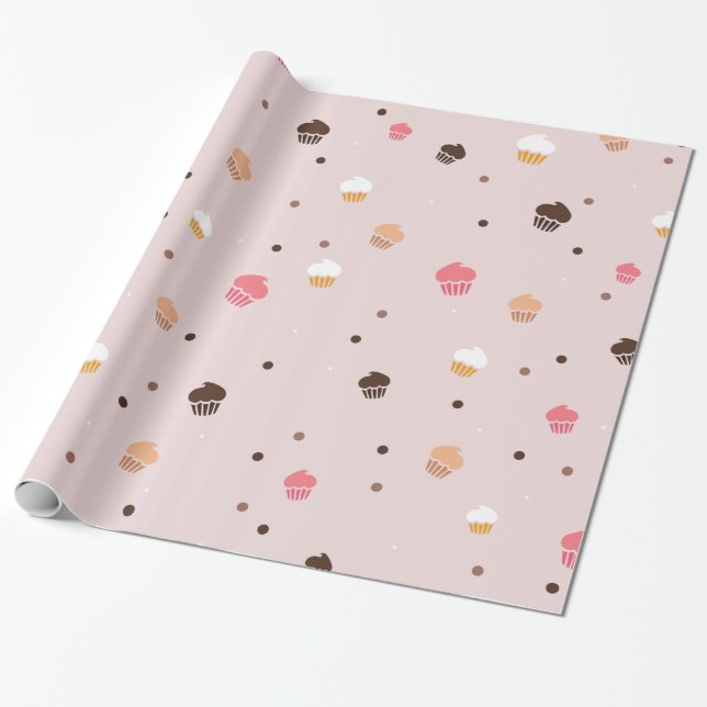 Cute Cupcakes Bakery Pattern Pink Wrapping Paper (Unrolled)