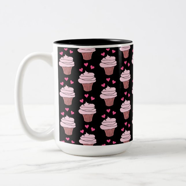 Cute Cupcakes Black And Pink Two-Tone Coffee Mug (Left)