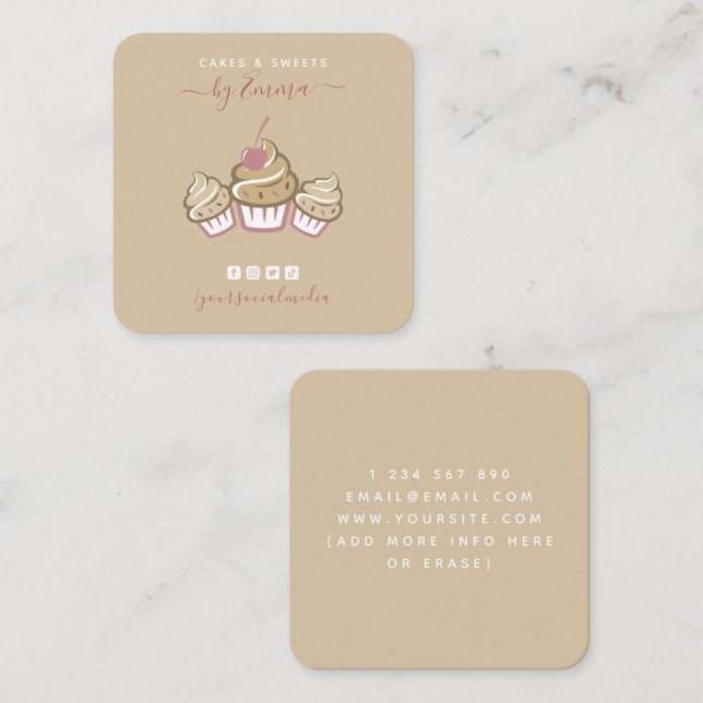Cute Cupcakes Cream Bakery Social Media Beige Chic Square Business Card (Front/Back)