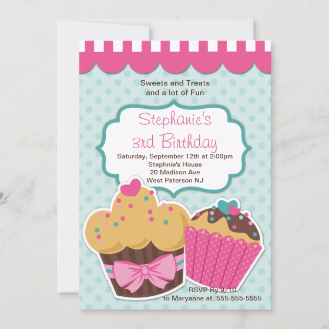 Cute Cupcakes Girls Birthday Party Invitation (Front)