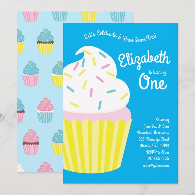 Cute Cupcakes Kids 1st Birthday Party Invitation (Front/Back)