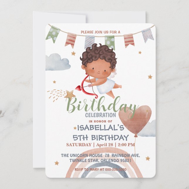 Cute Cupid afro boys Balloon valentine Birthday Invitation (Front)