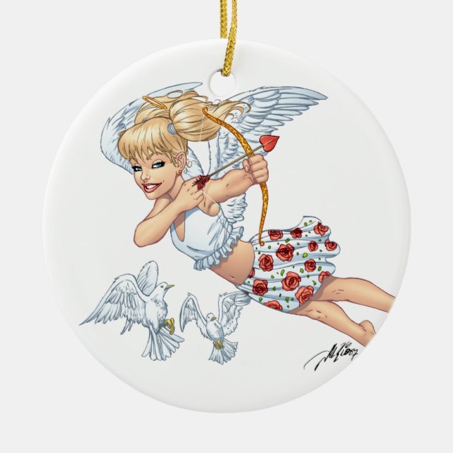 Cute Cupid Angel with Love Arrow by Al Rio Ceramic Ornament (Front)