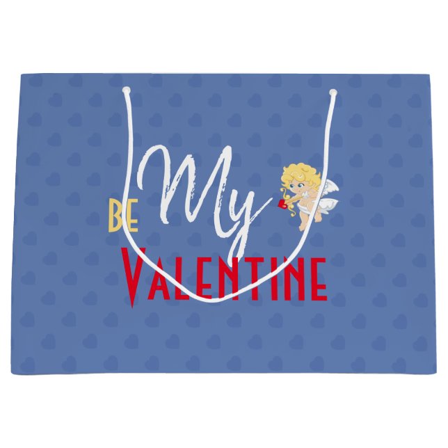 Cute Cupid Be My Valentine Red Arrow Blue Hearts Large Gift Bag (Front)