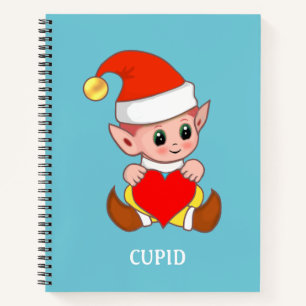 Cute cupid elf with love heart on teal notebook