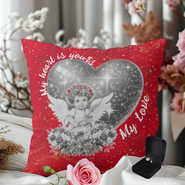 Cute Cupid My Heart is Yours My Love Throw Pillow (The photo has been enhanced for display.)