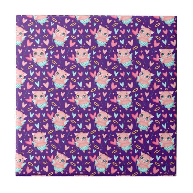 Cute Cupid Pig Whit Hearts Pattern Tile (Front)