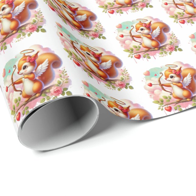Cute Cupid Valentine squirrel tiled party  Wrapping Paper (Roll Corner)