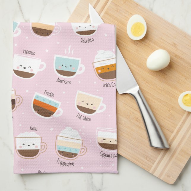 Cute cups of coffee on light pink kitchen towel (Quarter Fold)