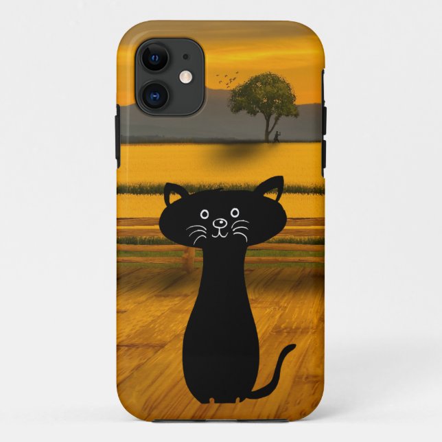 Cute Curious Black Cat With Sun Set Background Case-Mate iPhone Case (Back)