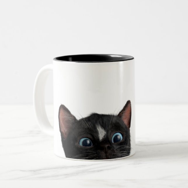 Cute Curious Cat Two-Tone Coffee Mug (Front Left)