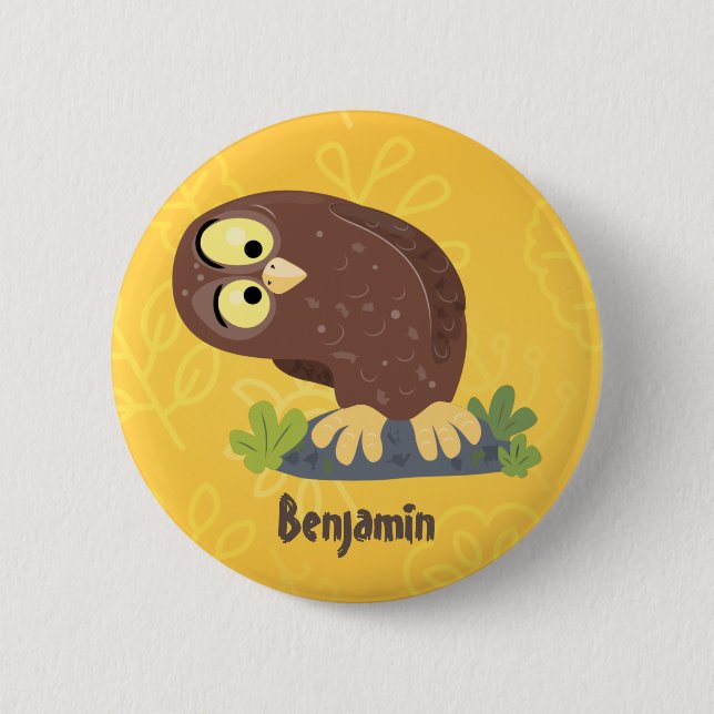 Cute curious funny brown owl cartoon illustration 2 inch round button (Front)