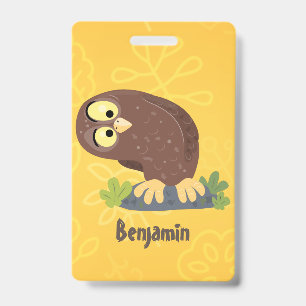Cute curious funny brown owl cartoon illustration badge