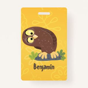 Cute curious funny brown owl cartoon illustration badge