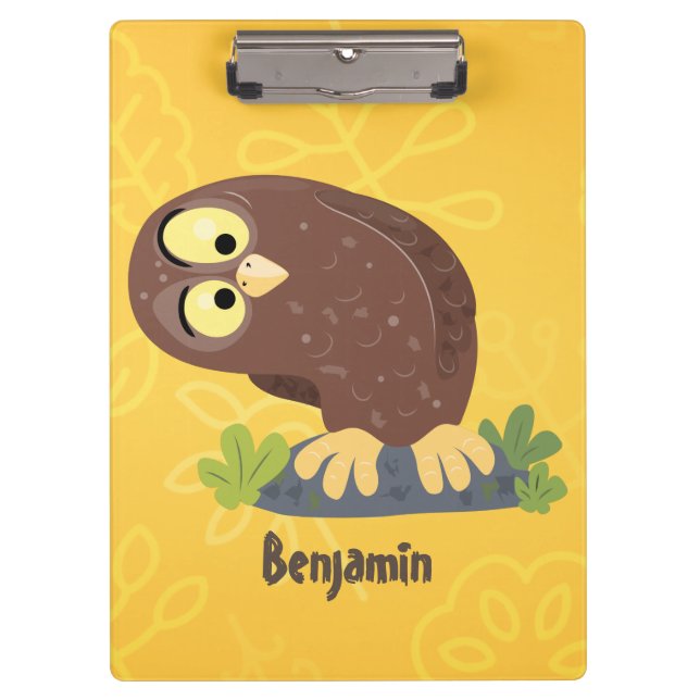 Cute curious funny brown owl cartoon illustration clipboard (Front)