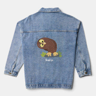 Cute curious funny brown owl cartoon illustration denim jacket